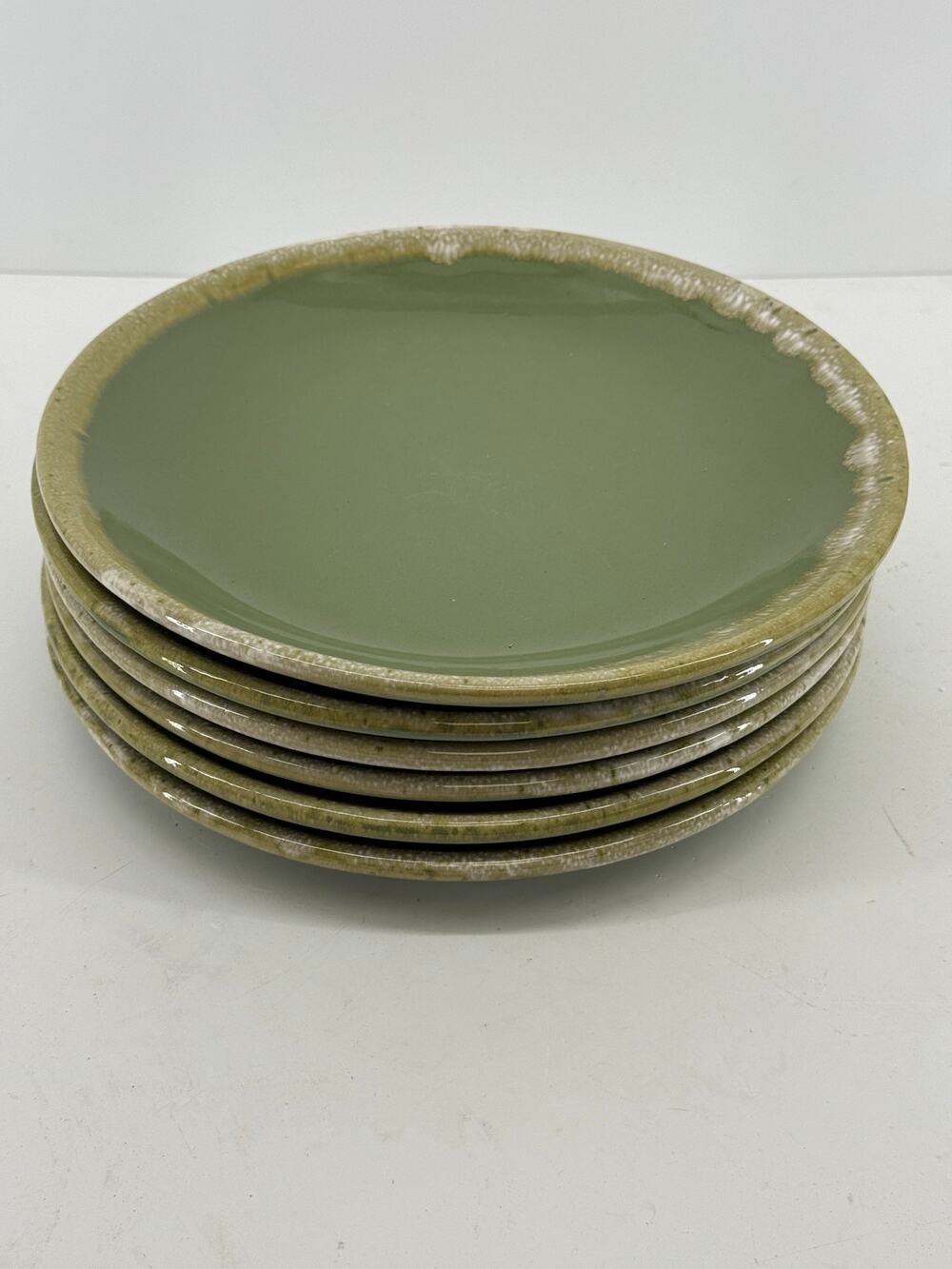 Hull Pottery Green Drip Glaze MCM Stoneware Dinner Plates 10.5 Inch Set of 6 USA